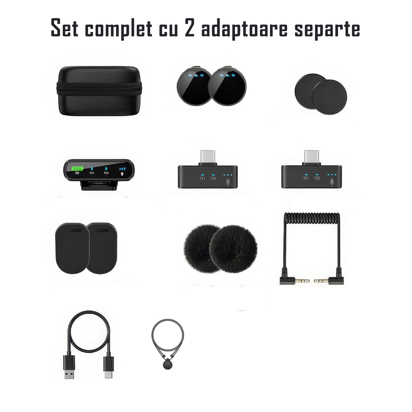 Set 2 microfoane lavaliera profesionale wireless, conectare 2.4G, 3 adaptoare separate type C, lightning si camera, Indicatori led, fara fir, prindere magnetica sau tip lant, plug & play