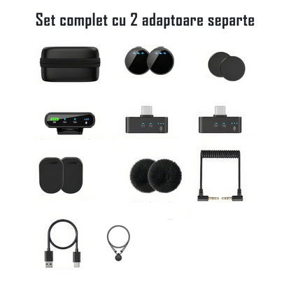 Set 2 microfoane lavaliera profesionale wireless, conectare 2.4G, 3 adaptoare separate type C, lightning si camera, Indicatori led, fara fir, prindere magnetica sau tip lant, plug & play
