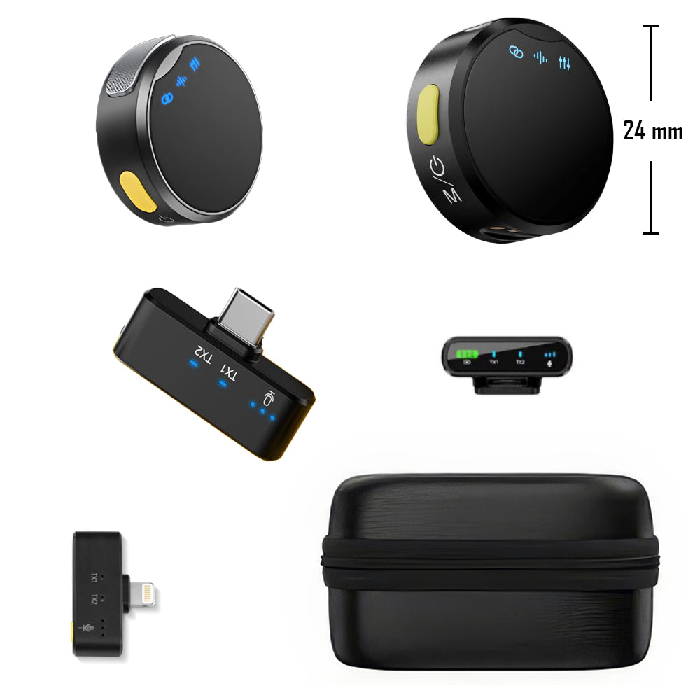 Set 2 microfoane lavaliera profesionale wireless, conectare 2.4G, 3 adaptoare separate type C, lightning si camera, Indicatori led, fara fir, prindere magnetica sau tip lant, plug & play